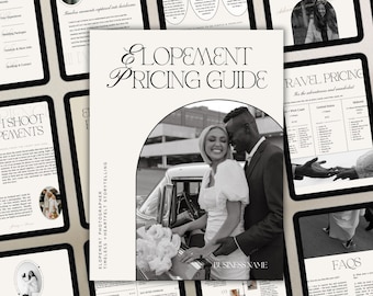 Puede incluir: Una foto en blanco y negro de una pareja frente a un coche. La novia lleva un vestido blanco y el novio lleva un traje negro. La foto está enmarcada en un arco blanco y negro. El texto "Elopement Pricing Guide" está escrito en blanco y negro. El texto "Business Name" está escrito en blanco y negro.