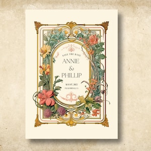Op de afbeelding: Save the date-kaart met een bloemmotief in roze, gele en groene tinten. De kaart heeft een gouden, sierlijk kader en de tekst "Save the Date Annie & Phillip May 07, 2023".