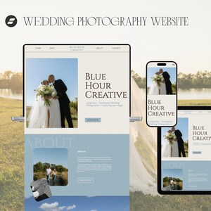 May include: A website design template for Blue Hour Creative wedding photography displayed on a desktop monitor, a smartphone, and a tablet. The layout features a beige and blue color scheme with photos of a couple and text elements.