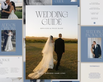 Modello di guida ai prezzi per la fotografia di matrimonio, brochure Canva a tema "Something Blue", listino prezzi di lusso per fotografi.