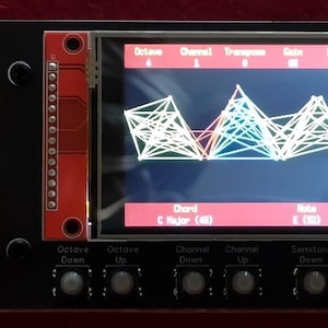 May include: A black modular synthesiser panel featuring a central colour display showing a geometric line graph, numerous gold-coloured knobs arranged in a grid, several small push buttons, and a circuit board section with two glowing red LED lights.
