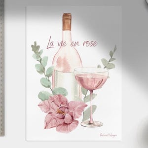 La Vie en Rose ウォールアートプリント – フランスワインの美学、水彩画のバラとユーカリ、フェミニンなキッチンやバーの装飾 – デジタルダウンロード
