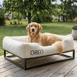 Elevated Orthopedic Dog Bed: White Faux Fur Calming Pet Bed with Black Frame