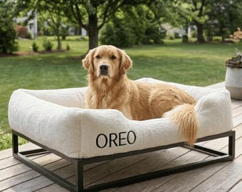 Elevated Orthopedic Dog Bed: White Faux Fur Calming Pet Bed with Black Frame