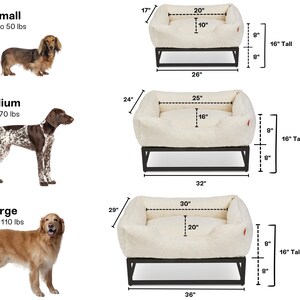 Dog bed size chart showing small dog bed, medium dog bed, and large dog bed options with elevated dog bed frame and washable dog bed covers. These raised dog beds are designed for comfort and durability, offering orthopedic support for big dog beds, extra large dog beds, or personalized dog bed setups. Each washable dog bed doubles as a modern dog bed, dog window perch, or platform dog bed.