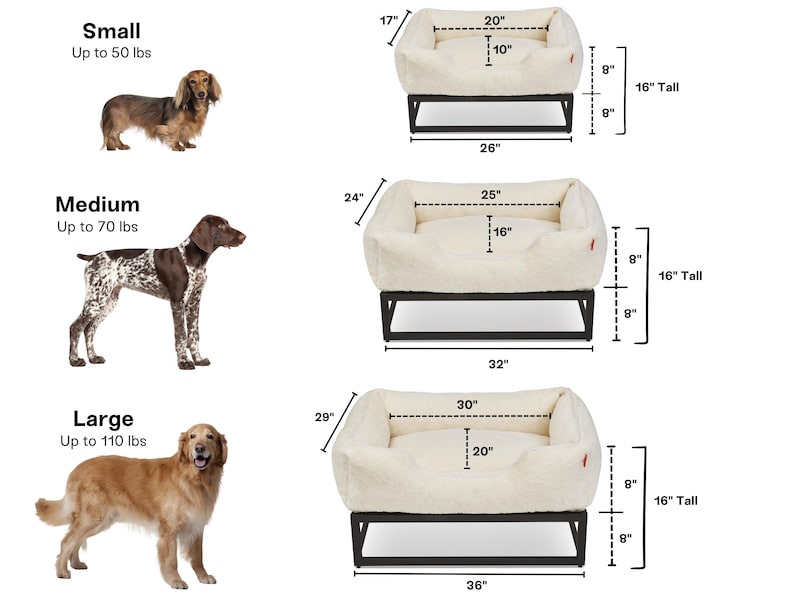 Dog bed size chart showing small dog bed, medium dog bed, and large dog bed options with elevated dog bed frame and washable dog bed covers. These raised dog beds are designed for comfort and durability, offering orthopedic support for big dog beds, extra large dog beds, or personalized dog bed setups. Each washable dog bed doubles as a modern dog bed, dog window perch, or platform dog bed.