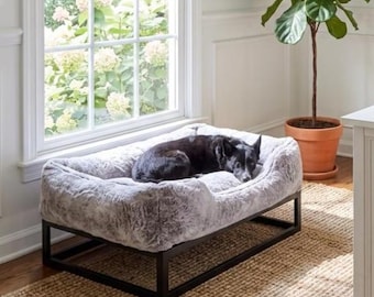 Elevated Personalized Orthopedic Dog Bed: Light Grey Faux Fur, Washable Cover