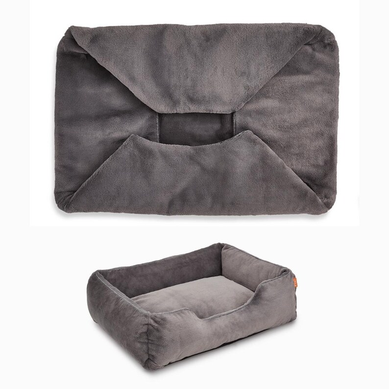 Dark grey faux fur luxury dog bed cover shown flat and styled; washable, removable design refreshes older pet beds or upgrades them into modern dog beds. With optional embroidery, it doubles as a personalized dog bed cover for gifts.