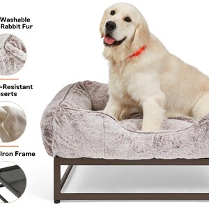 Large dark grey raised dog bed with plush washable dog bed cover and durable black elevated dog bed frame. Orthopedic dog bed design supports joints, relieves pressure, and doubles as a big dog bed, modern dog bed, or dog window seat. This washable dog bed works for large dogs, medium dogs, or small breeds, blending style and comfort in a raised dog bed platform.