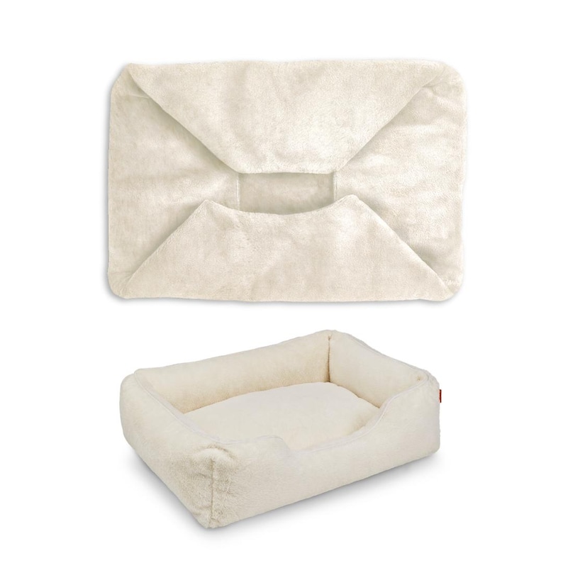 Removable white faux fur dog bed cover shown flat; washable replacement creates a plush calming dog bed option when paired with cushions, or a stylish upgrade to existing pet beds and luxury dog beds. Perfect as a custom dog bed cover with personalization.