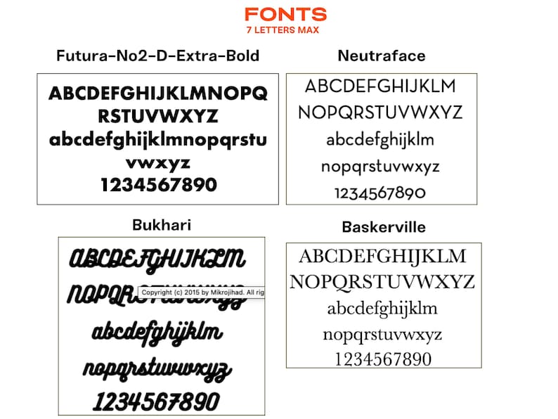 Customization chart showing fonts and thread colors for personalized dog bed covers; create a custom dog bed with embroidered names, turning washable faux fur pet beds into unique pet owner gifts or dog birthday gifts.