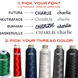 Customization chart showing fonts and thread colors for personalized dog bed covers; create a custom dog bed with embroidered names, turning washable faux fur pet beds into unique pet owner gifts or dog birthday gifts.