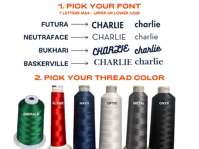 Customization chart showing fonts and thread colors for personalized dog bed covers; create a custom dog bed with embroidered names, turning washable faux fur pet beds into unique pet owner gifts or dog birthday gifts.
