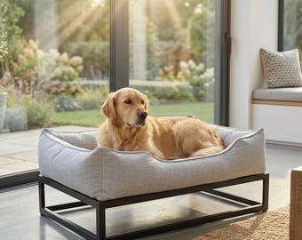 Custom Dog Bed, Pale Grey Elevated Orthopedic Pet Bed, Personalized Bed for Large Dogs