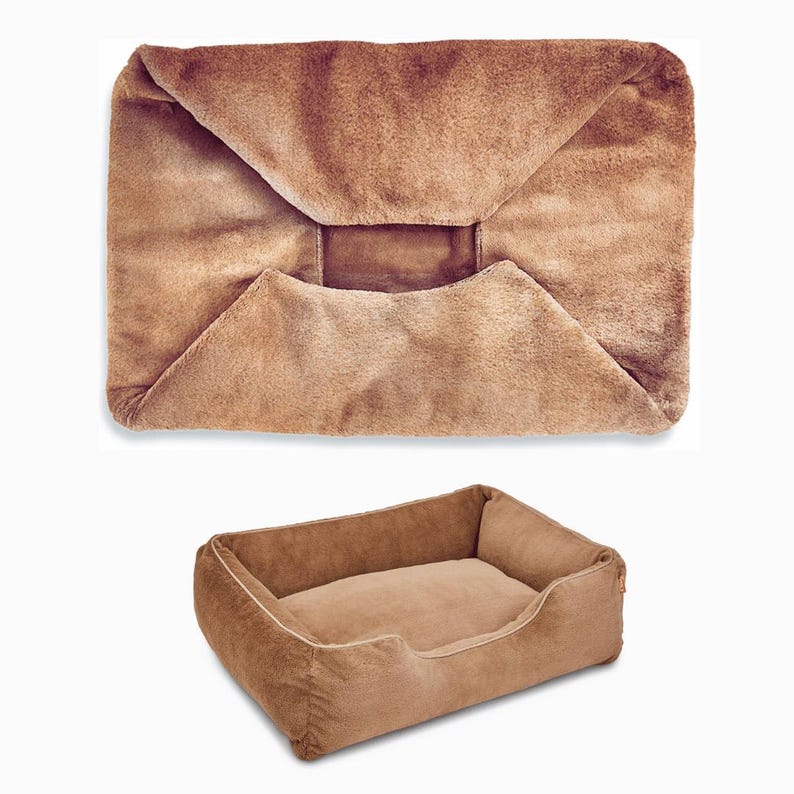 Light brown faux fur washable dog bed cover with soft plush texture; designed to fit securely, this removable cover turns standard dog beds into calming dog beds or luxury pet beds. Personalize with embroidery to create a custom dog bed.