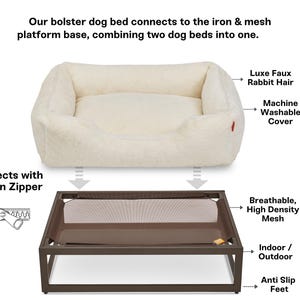 Dog bed platform with washable faux fur dog bed cover attaches securely to elevated dog bed frame. Raised dog bed includes orthopedic cushioning for comfort. Elevated pet bed works as indoor or outdoor dog bed. Washable dog bed cover with faux fur design makes this modern dog bed both practical and stylish. Custom dog bed option adds personalization for small, medium, or large dog beds.