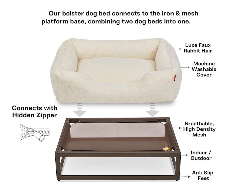 Dog bed platform with washable faux fur dog bed cover attaches securely to elevated dog bed frame. Raised dog bed includes orthopedic cushioning for comfort. Elevated pet bed works as indoor or outdoor dog bed. Washable dog bed cover with faux fur design makes this modern dog bed both practical and stylish. Custom dog bed option adds personalization for small, medium, or large dog beds.