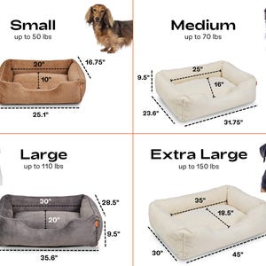 Size guide for faux fur dog bed covers in Small, Medium, Large, and Extra Large; these removable, washable covers refresh existing pet beds, upgrading them into calming dog beds or luxury dog beds. Personalization options make them ideal as pet owner gifts or dog birthday gifts.