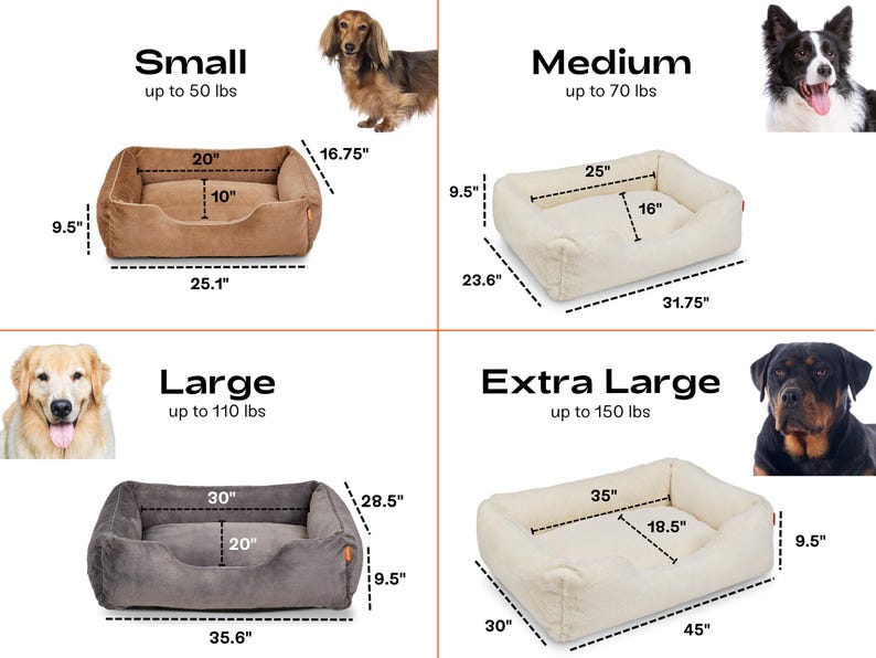 Size guide for faux fur dog bed covers in Small, Medium, Large, and Extra Large; these removable, washable covers refresh existing pet beds, upgrading them into calming dog beds or luxury dog beds. Personalization options make them ideal as pet owner gifts or dog birthday gifts.