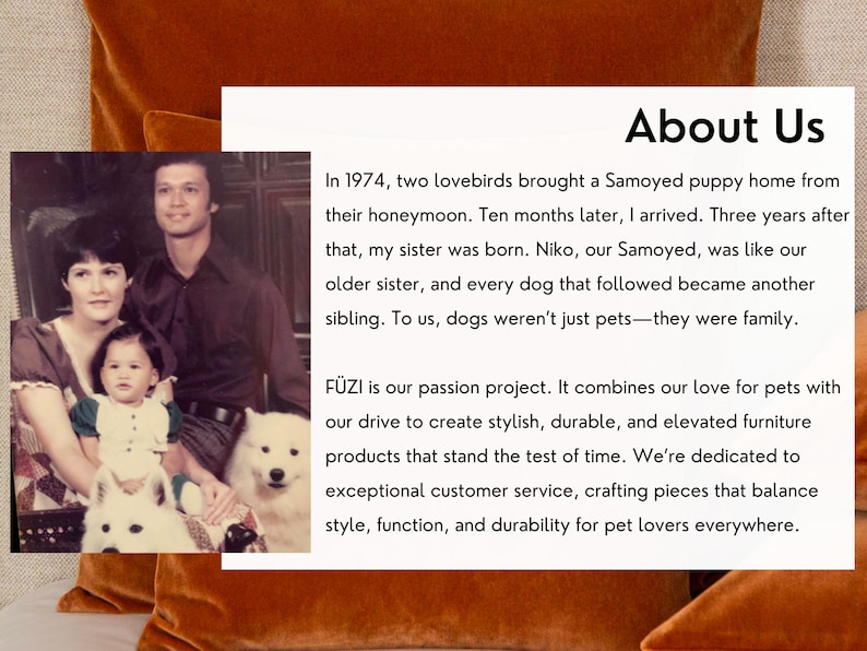FÜZI brand story image; emphasizing the design-forward mission behind luxury dog beds, modern dog beds, and washable faux fur pet beds that double as functional pet furniture. Personalizable products highlight unique custom dog beds for every home.