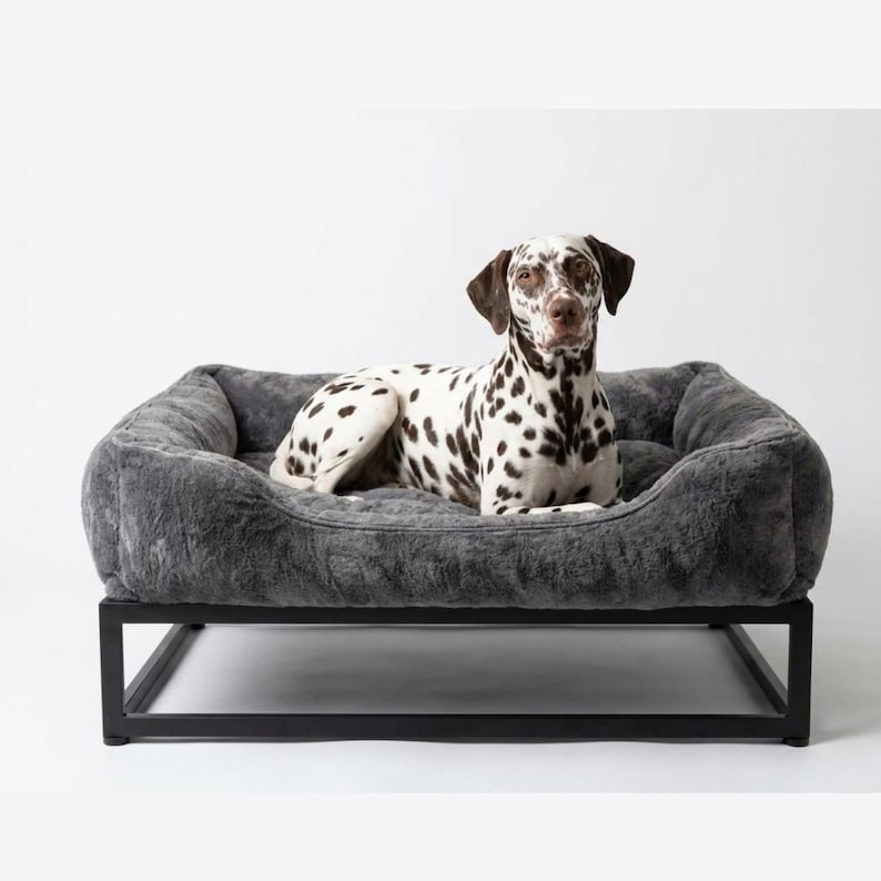 May include: A Dalmatian dog with black spots on a white coat resting inside a rectangular pet bed. The bed features a plush, dark gray faux fur cushion with raised sides, supported by a sturdy, black metal frame with a clean, open base design.