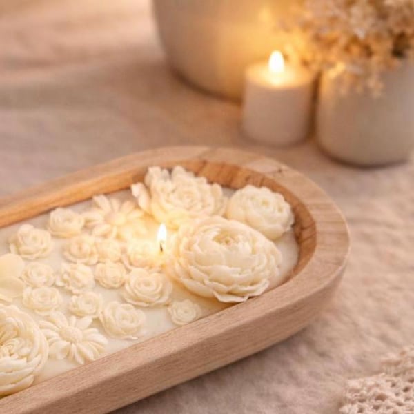 Floral Dough Bowl Candle, Botanical Soy Wax, Elegant Coffee Table Decor