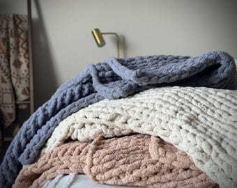 Chunky Knit Chenille Throw Blanket, Handmade Vegan-Friendly Sofa Blanket