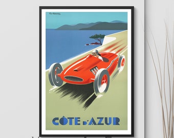 affiche de voyage vintage, affiche Côte d’Azur, impression de voiture de course vintage, illustration de voiture classique, publicité de voyage rétro, téléchargement numérique