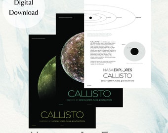 NASA Explores Callisto, NASA scientific poster, Cosmology Art, Astronomy print, NASA educating poster, Digital Download, set of 3