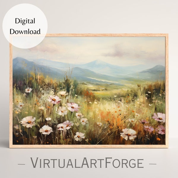 Vintage Flower Field Painting, Rustic Oil Painting, Relaxing Flower Field, Rural Landscape Scenery, Digital Print, Mountain Range Scenery