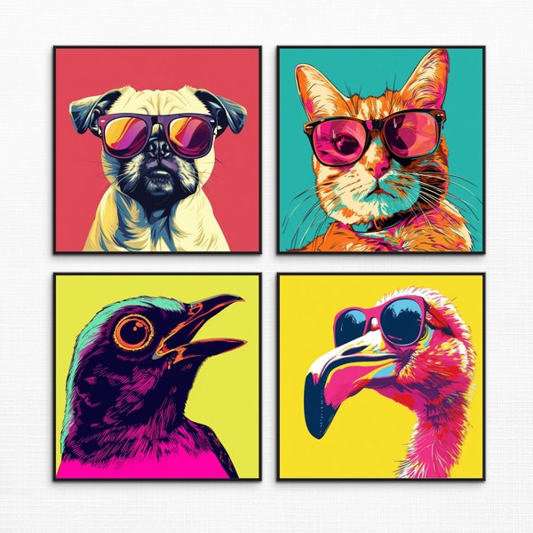 Animal pop Art bundle, Modern Pop Art, pop art digital, Funny animal print, animal popart, Digital Download, Printable Wall Art
