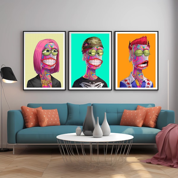 3 piece wall art NFT for preppy room decor, trendy ai art, colorful wall art, pop art wall decor, 3 piece portrait, quirky funky funny decor