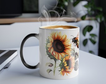 Mug morphing couleur abeille tournesol, tasse à café 11 oz, cadeaux pour lui, cadeaux pour elle