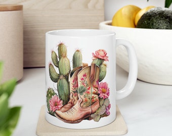 Mug en céramique Cowgirl Cactus, 11 oz, Cowgirl, Bottes, Cadeau, Cadeaux pour lui, Cadeaux pour elle, Cadeau d'anniversaire, Cadeau d'anniversaire,