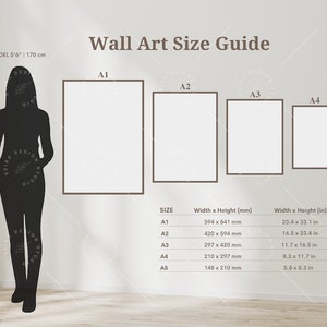 May include: Wall art size guide with dimensions in inches and millimeters. Includes A1, A2, A3, A4, and A5 sizes. A silhouette of a person, 5'6" (170 cm), is next to the frames for scale. The guide is on a neutral wall.