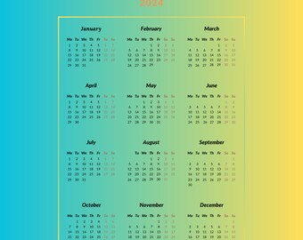 One Page Kalender 2024 -Bunter Kalender für ein aufregendes Jahr- A4, Letter, A3 | Montag Start | Minimalistisch | Herunterladen | Digitales PDF