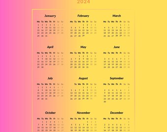 One Page Kalender 2024 -Bunter Kalender für ein aufregendes Jahr- A4, Letter, A3 | Montag Start | Minimalistisch | Herunterladen | Digitales PDF