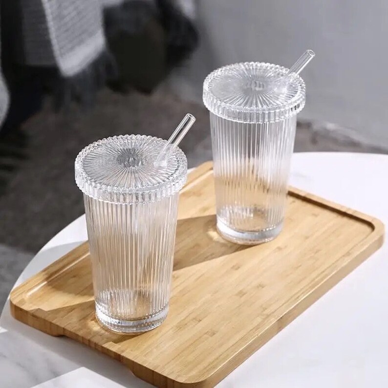 Ribbed Glass Cup With Lid and Straw, Coffee Cup, Iced Coffee Glass Cup ...