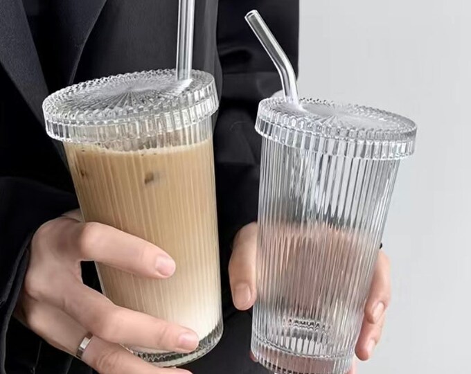 Ribbed Glass Cup With Lid and Straw, Coffee Cup, Iced Coffee Glass Cup ...