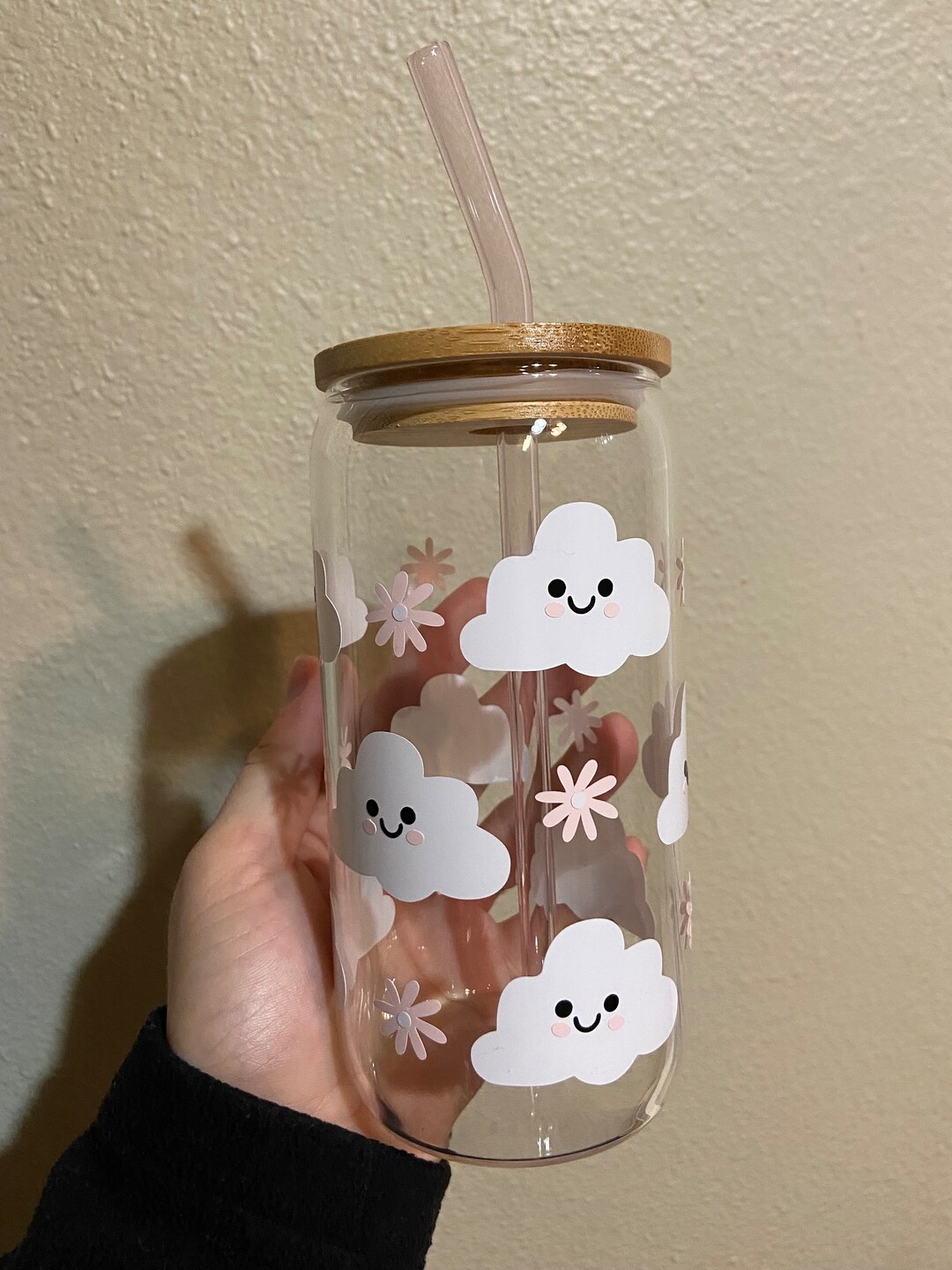 Clouds and Flowers Iced Coffee Glass Cup With Bamboo Lid Pink Glass ...