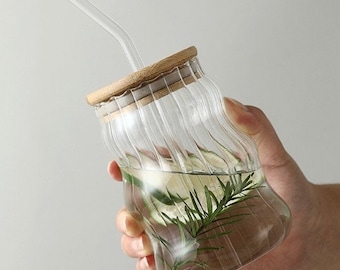 wavy ripple glass cup with bamboo lid and glass straw, iced coffee cup, glass cup, cute glass cups, gift for her, irregular cloud glass cup