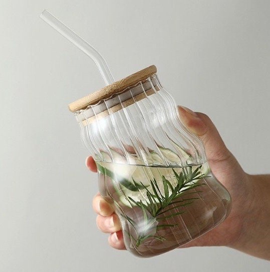 Drinking Glasses with Bamboo Lids and Glass Straw - China Wavy Glass Straw  and Reusable Glass Straws price
