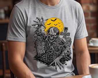 Gothic Zombie Graveyard T-Shirt, Undead Skeleton, Yellow Moon, Bats (Unisex Fit)