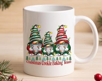 Christmas Cookie Baking Team Mug, Festive Gnome Ceramic Coffee Cup