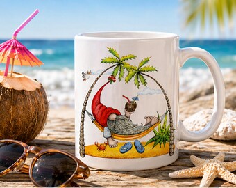 Funny Retirement Gnome Coffee Mug, Tropical Hammock Design, Coworker Gift