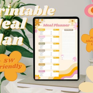 May include: Printable meal planner with a retro flower design. The planner includes space for breakfast, lunch, and dinner for each day of the week, plus a shopping list.
