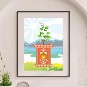 Tulsi Plant Art, indische Hindu-Wandkunst, Druck Heiliges Basilikum, Tulsi Plant Art heiliges Basilikum, Tulsi Devi Art, indische traditionelle Tulsi Devi maa Art