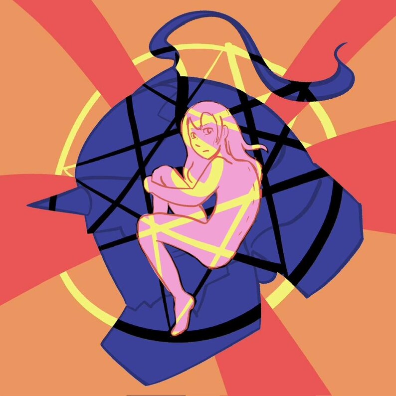 May include: Digital illustration featuring a figure in a seated position, colored pink and yellow, overlaid on a blue silhouette. The background has a radial design in orange, red, and yellow. The artwork has a cartoonish style.
