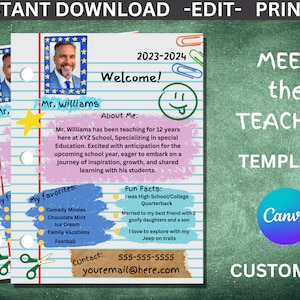 Meet The Teacher Template, Editable Teacher Printable, Boho Meet The Teacher, Open House Back To School Newsletter, Instant Download, MALE