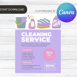 Reinigungsservice Flyer Vorlage, bearbeitbares Reinigungsmittelangebot, Hausgeschäft Reinigung Firmeninformationen, Canva, Sofort-Download, druckbar, Geschäft